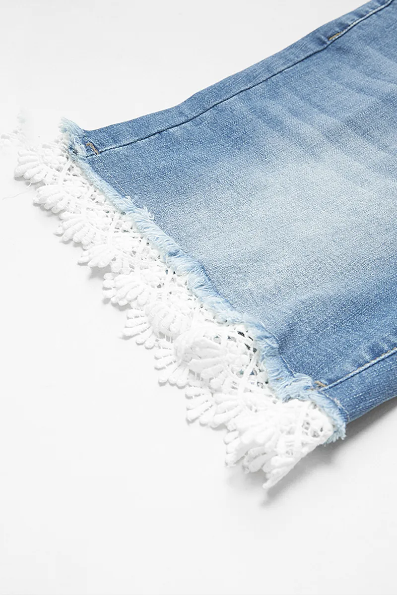 Lace Trim Raw Hem Mid Waist Denim Mid Thigh Shorts