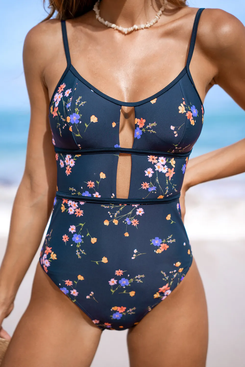 Cheerful Navy Floral Scoop Cutout One-Piece