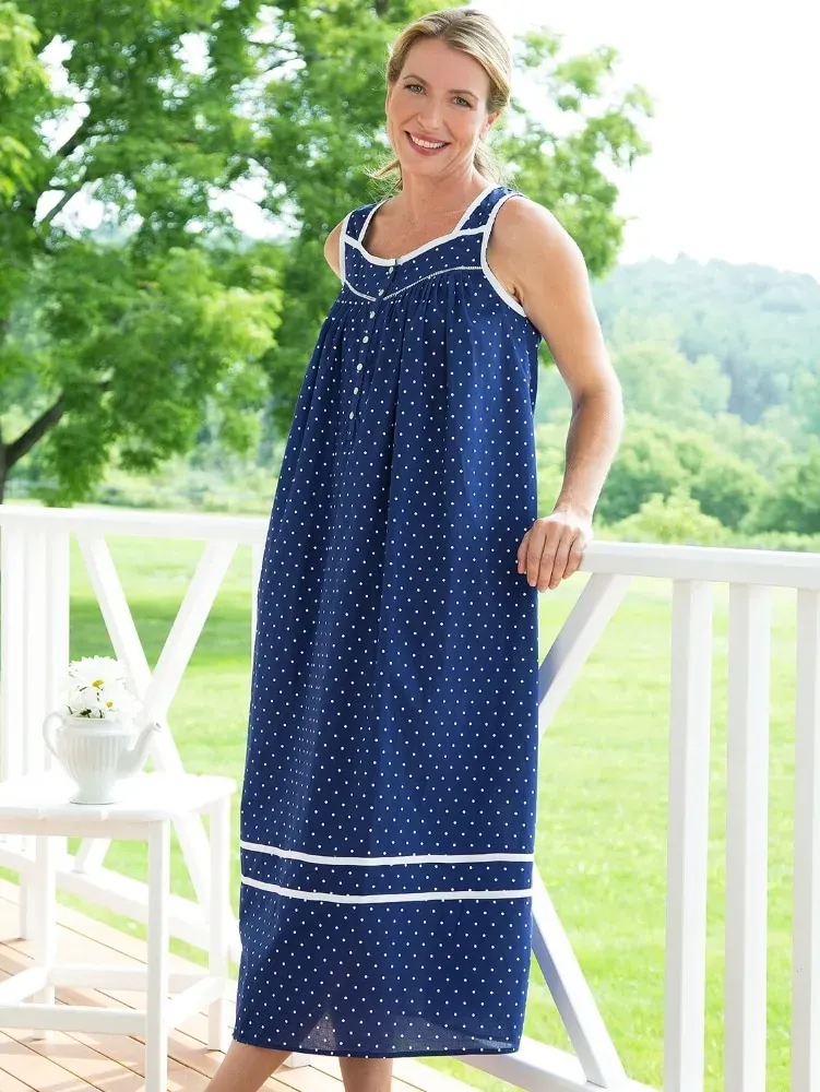 Eileen West Nautical Blue Polka Dot Cotton Nightgown