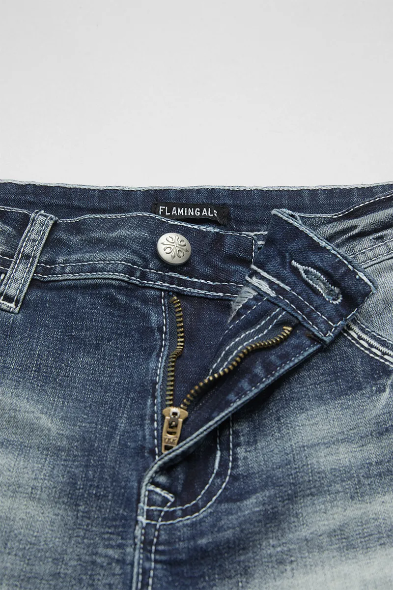 Star Embroidery Stitch Detail Mid Waist Denim Shorts