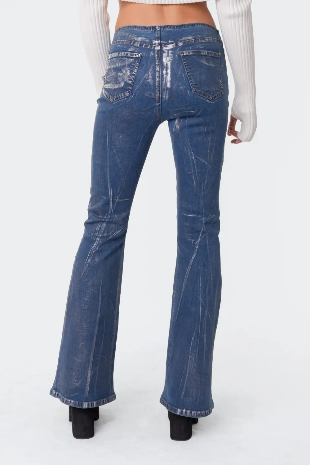 Metallic Coated Low Rise Flared Jeans