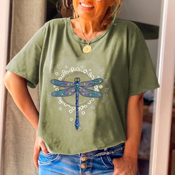 Floral Dragonfly Printed Women Crew Neck Tees