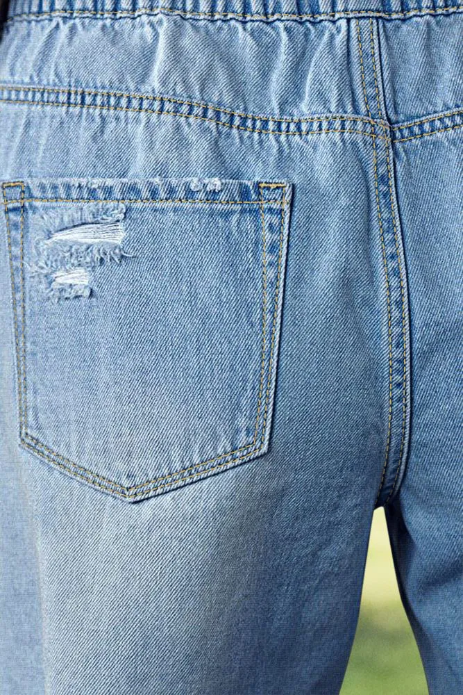 Raw Hem Ripped Split Detail Drawstring Mid Waist Denim Mid Thigh Shorts