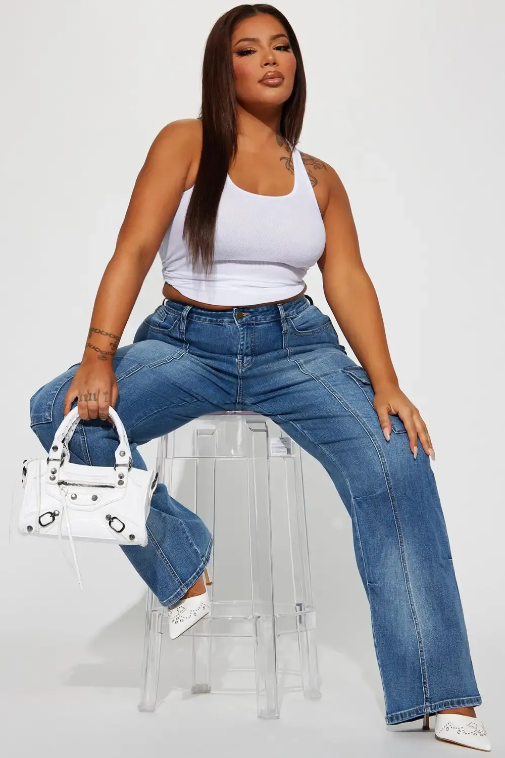 Say It Now Stretch Straight Leg Cargo Jeans - Dark Wash