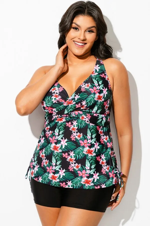 Floral Print Drawstring Side Adjustable Strap Tankini Top