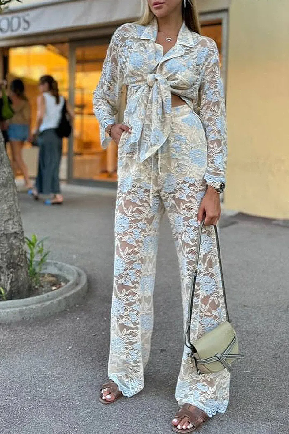 Women'S Fashion Leopard Lace Hollow Casual Top And Pants Two-Piece Set