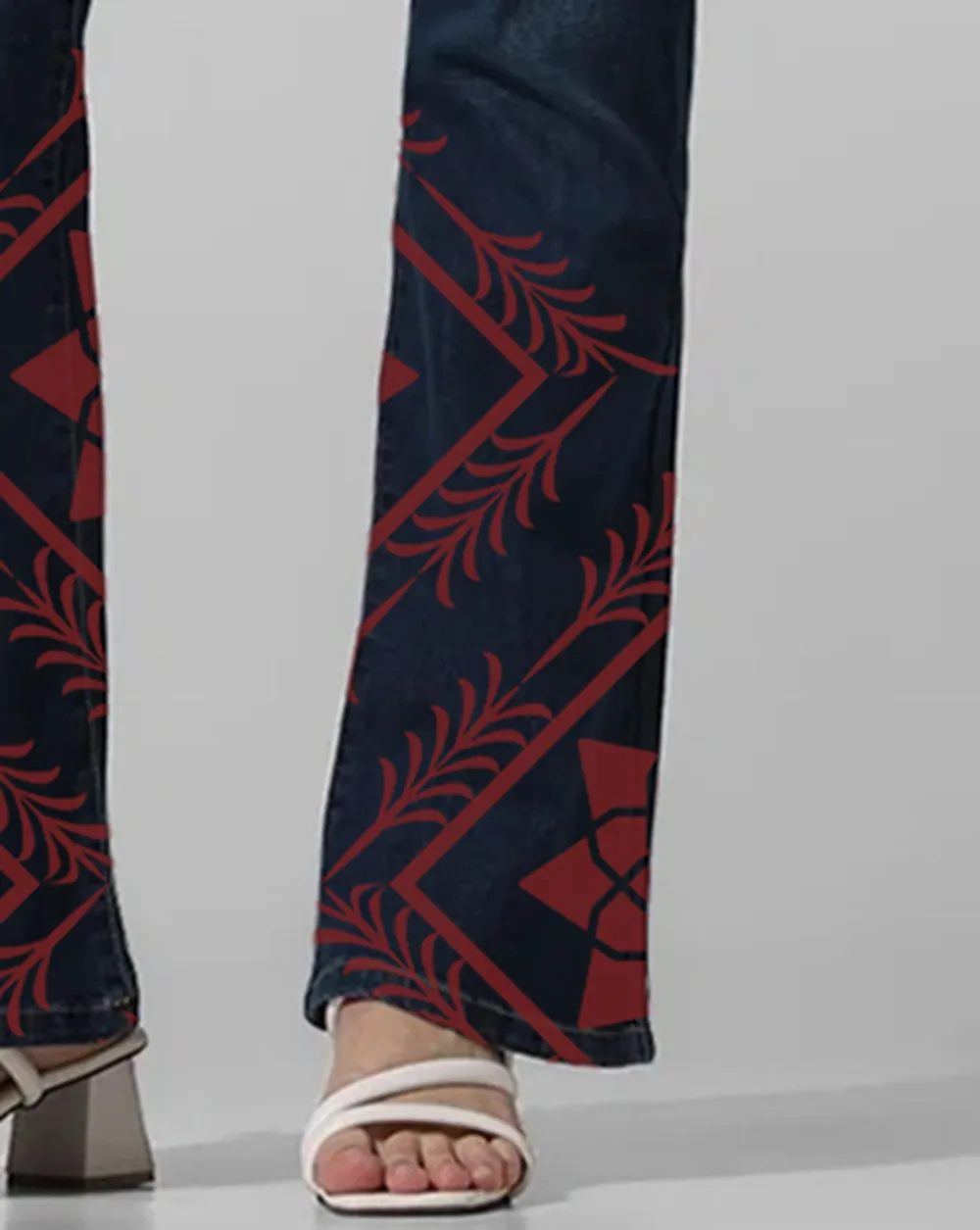 Blue Mid Rise Tulga Flared Jeans with Red Pattern