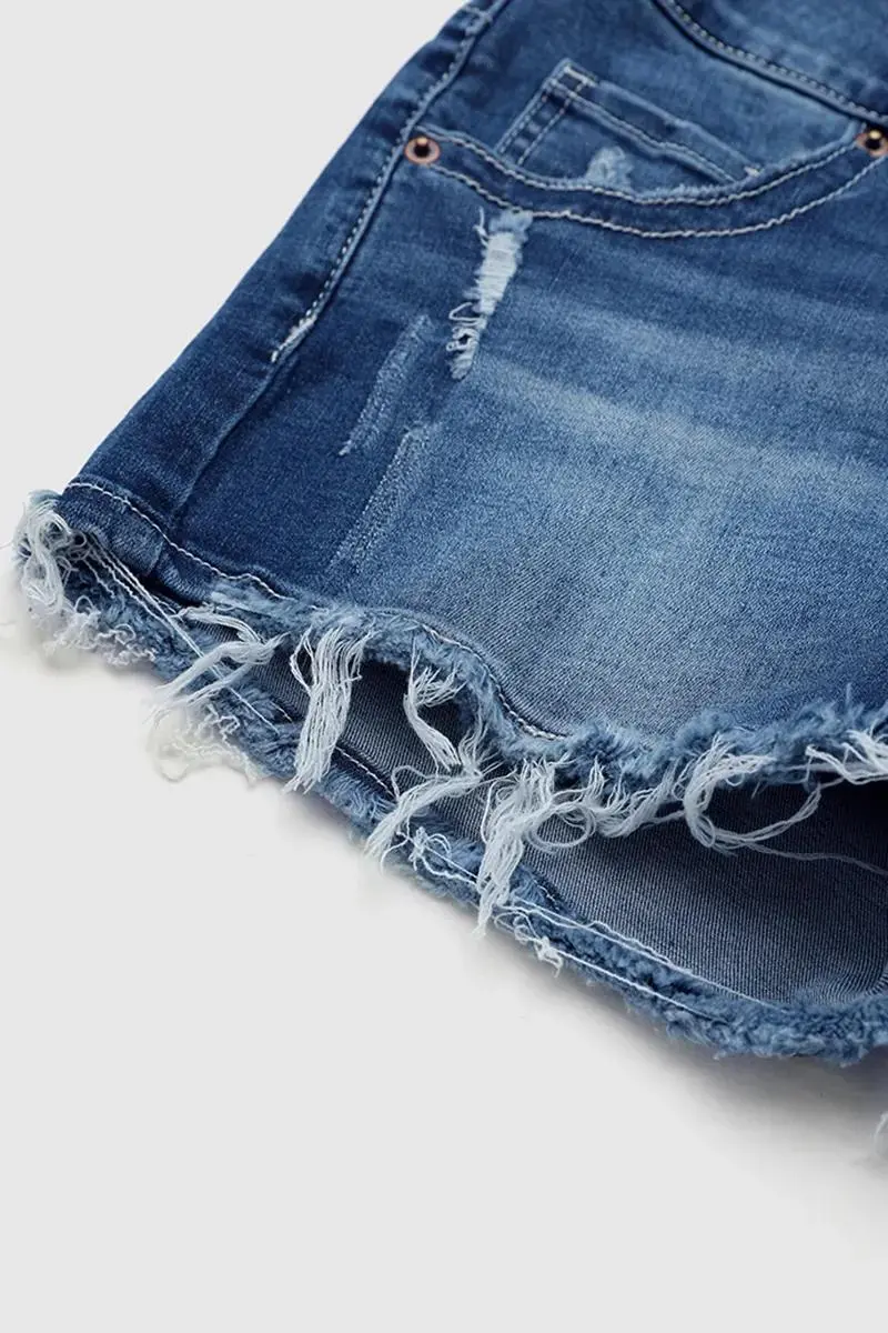 Ripped Raw Hem Button Up Mid Rise Denim Shorts