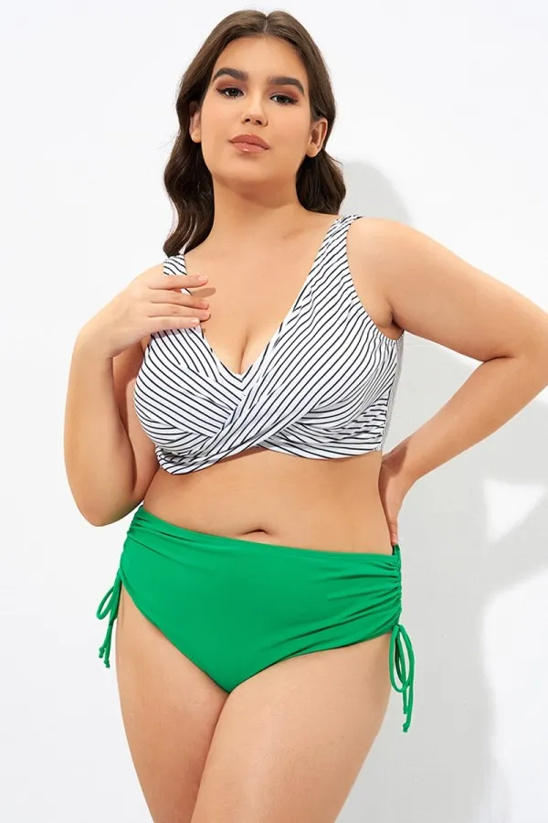 Stripe Front Cross Lace Up Women's Bikini Top