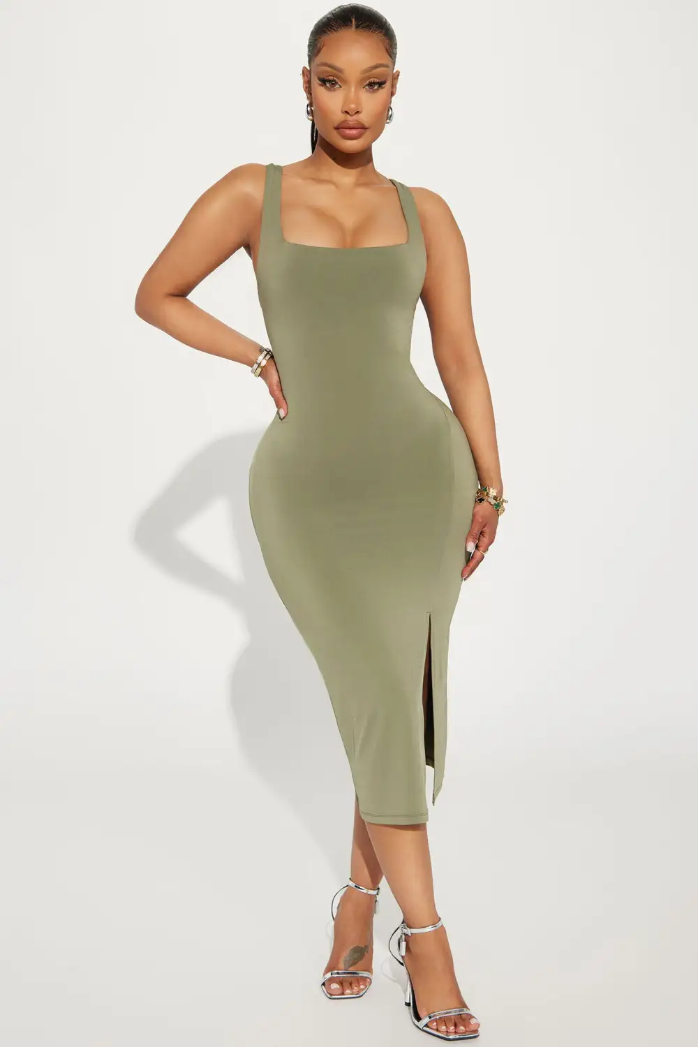 Kiss Me Sleeveless Midi Dress - Olive