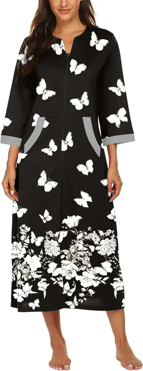 Women Zipper Robe 3/4 Sleeves Loungewear Dress Full Length Sleepwear Pockets Housecoat Nightgown Long Bathrobe