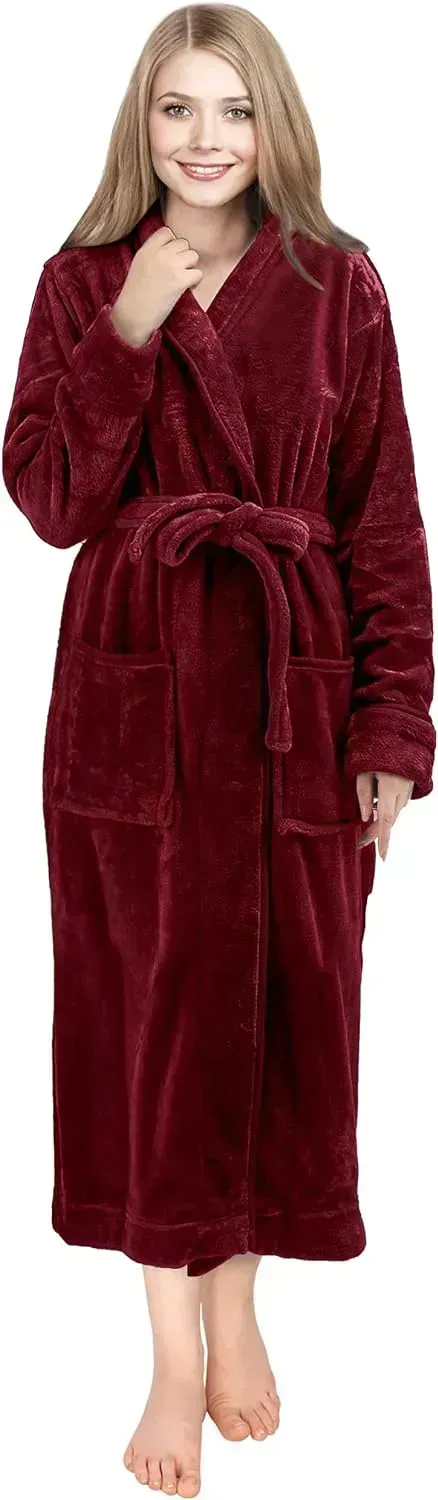 Women Fleece Shawl Collar Bathrobe - Plush Long Robe