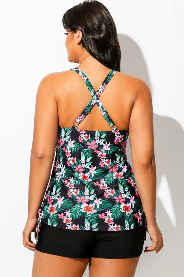 Floral Print Drawstring Side Adjustable Strap Tankini Top