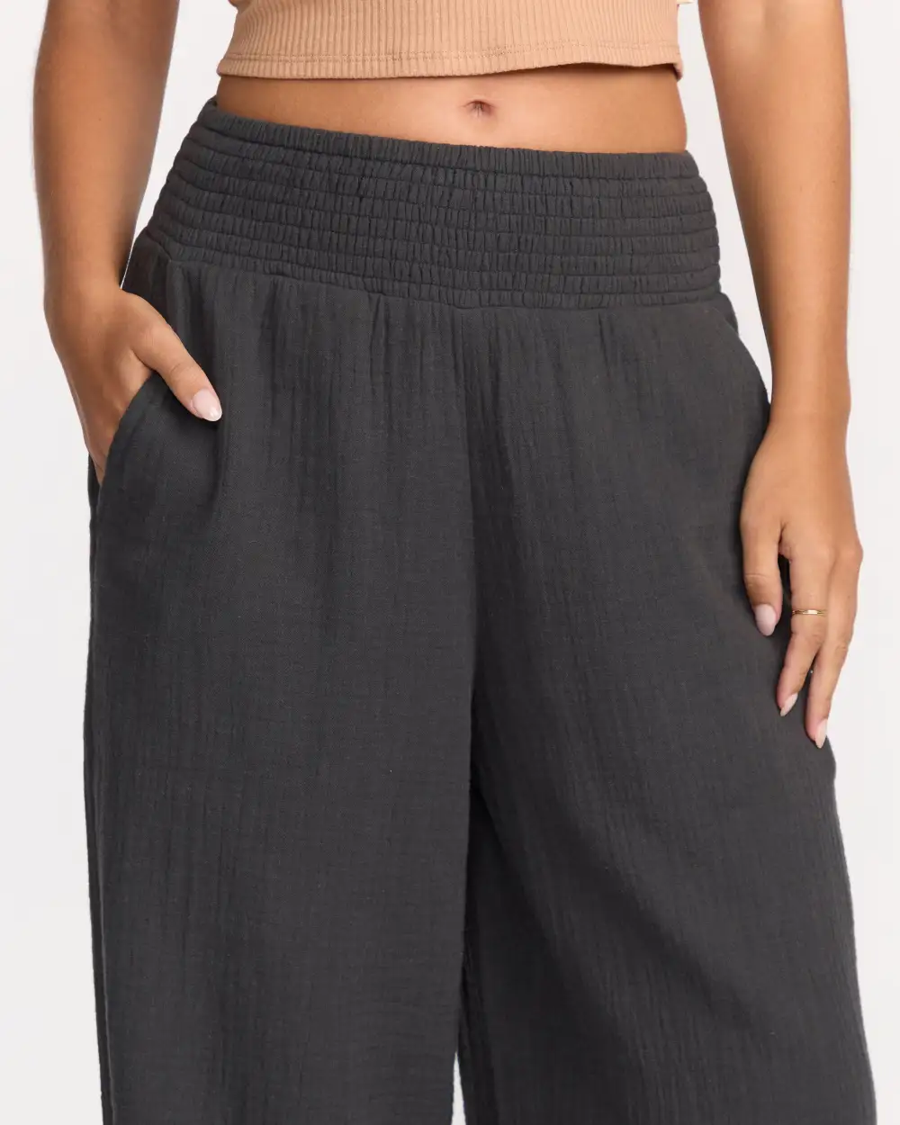New Waves Gauze Elastic Waist Pants - Black Sands