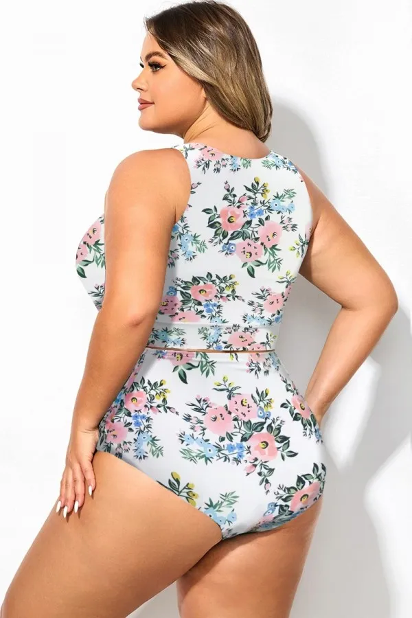 Plus Size Floral Print Knotted Crop Bikini Top