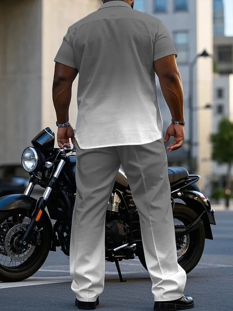 Men'S Plus Size Business Gray Gradient Short Sleeve Shirt Trousers Suit