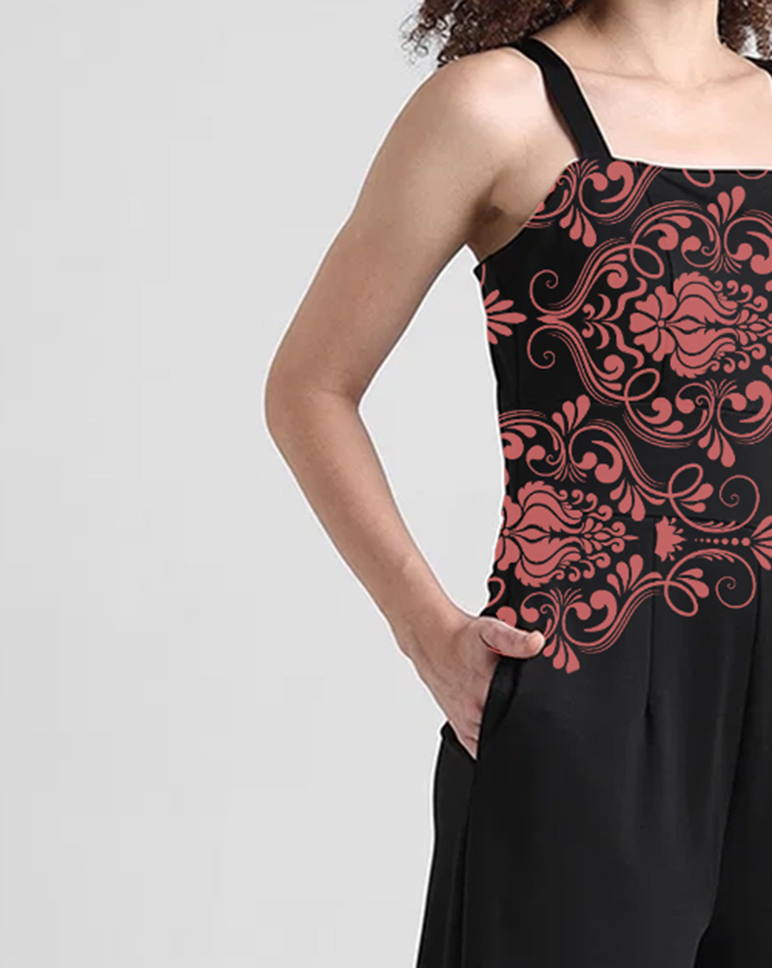 Black Spaghetti Strap Floral Embroidery Jumpsuit