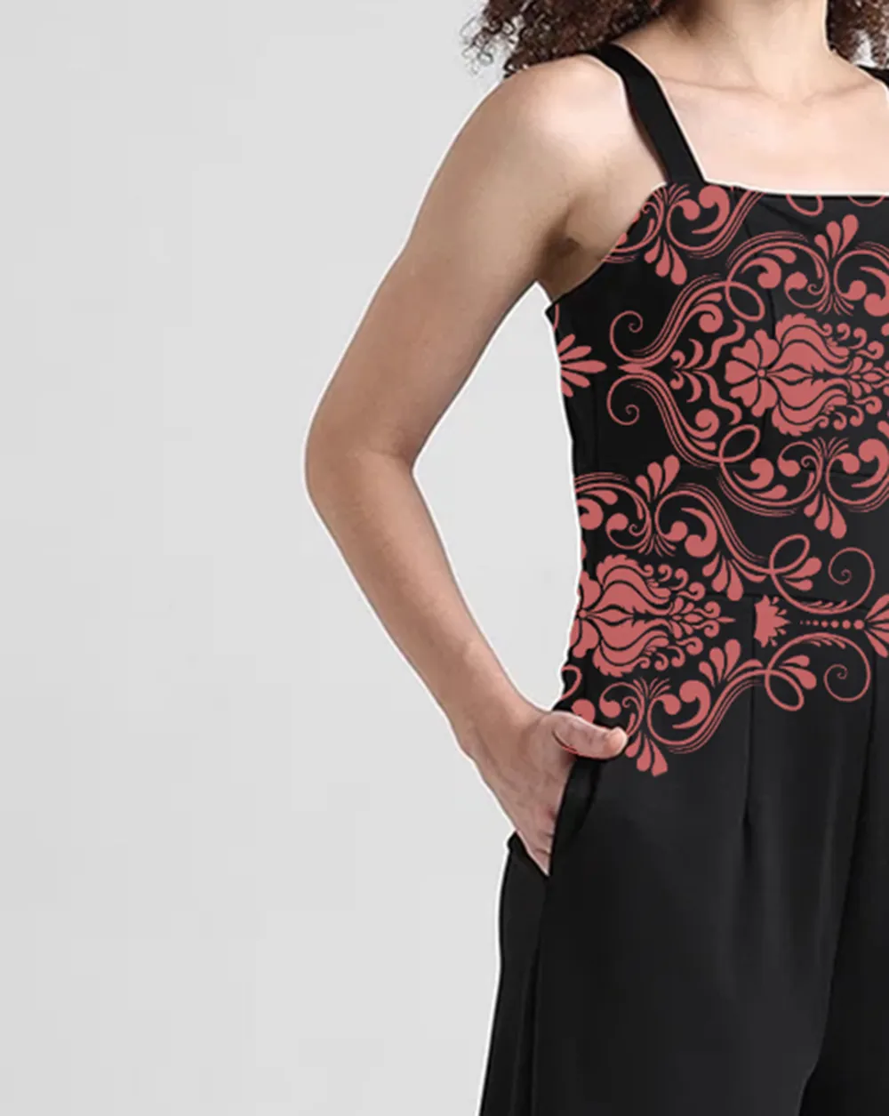 Black Spaghetti Strap Floral Embroidery Jumpsuit