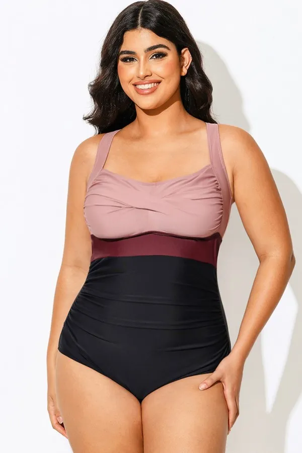 Plus Size Contrast Twist Front Skinny One Piece Swimsuit