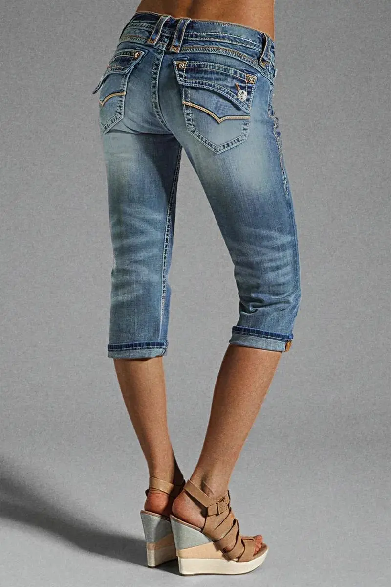 Washed Stitch Flap Pocket Roll Hem Low Rise Capri Jeans