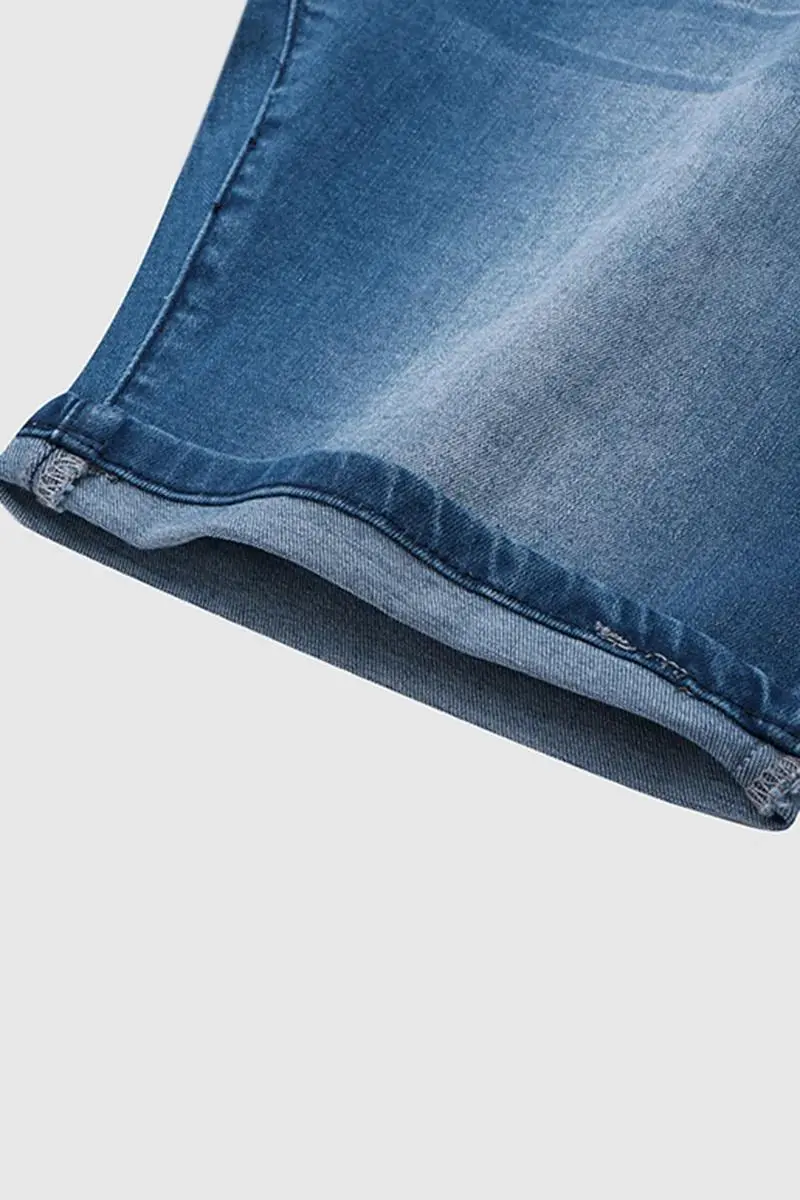 Double Button Roll Hem High Waist Denim Mid Thigh Shorts