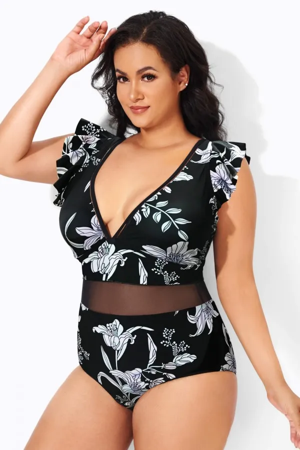 Black Ruffle Plunge V Neck One Piece Swimsuit