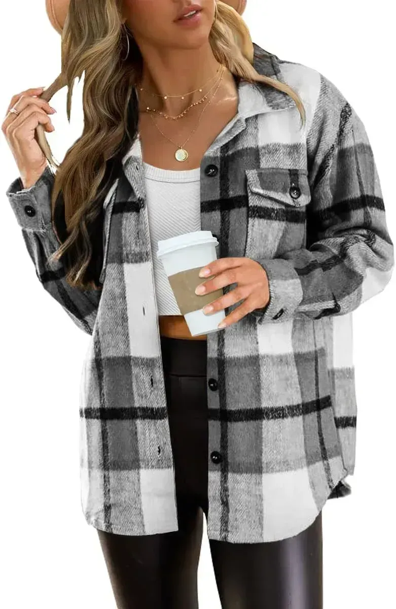 Womens Casual Plaid Shacket Button Down Long Sleeve Shirt