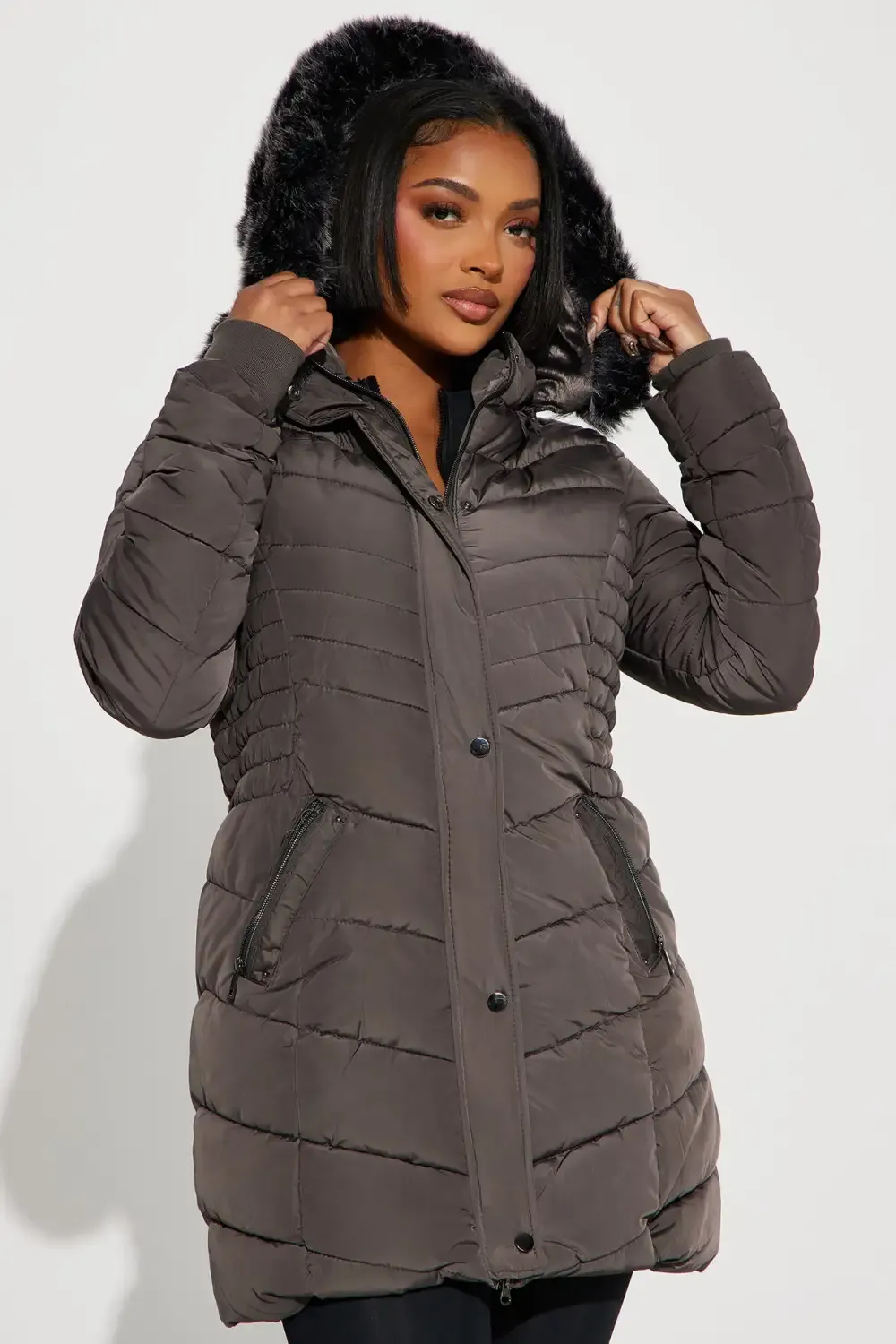 Hugs In The Snow Long Puffer Jacket - Charcoal