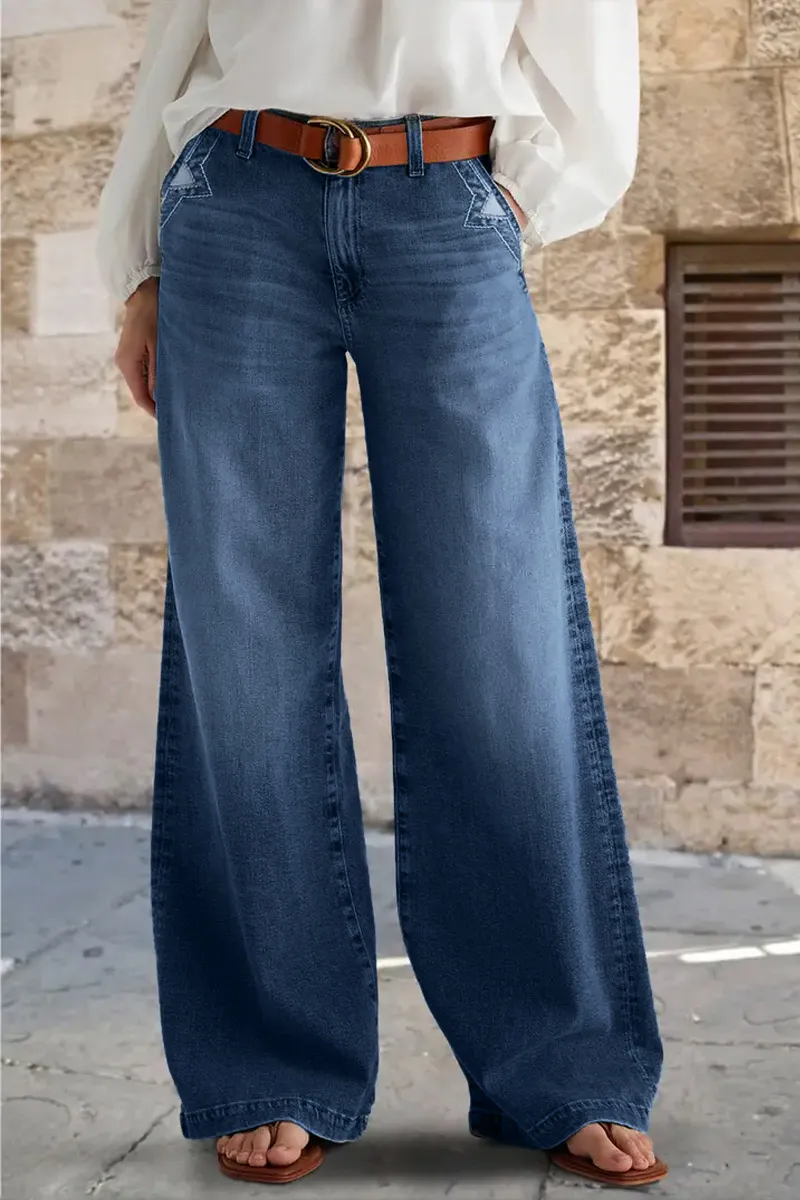 Wash Stitch Decor Wide Leg Mid Rise Jeans Without Belt