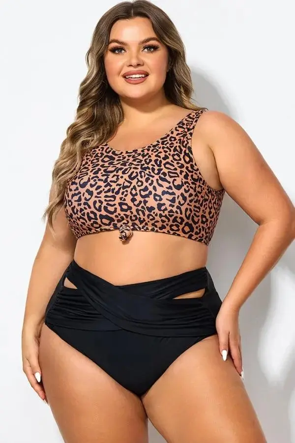 Leopard Print Scoop Neck Front Women Bikini Top