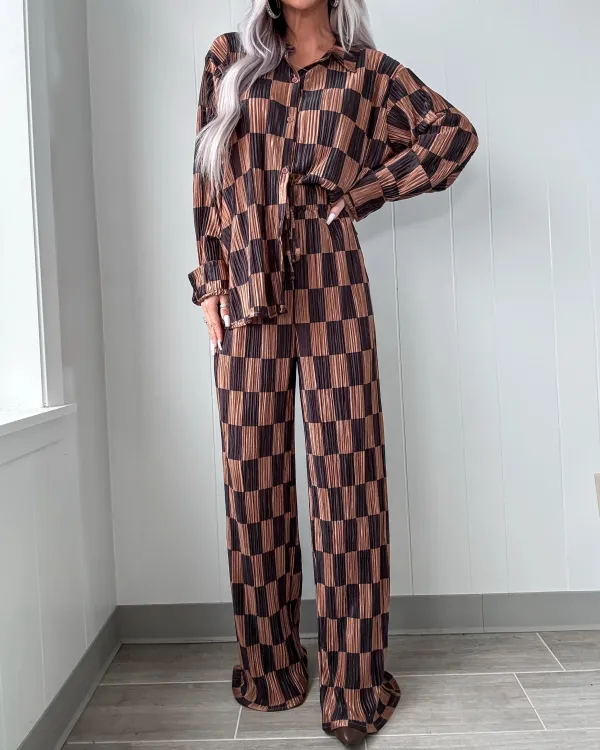 Pleated Checkered Pants Set - Taupe/Black