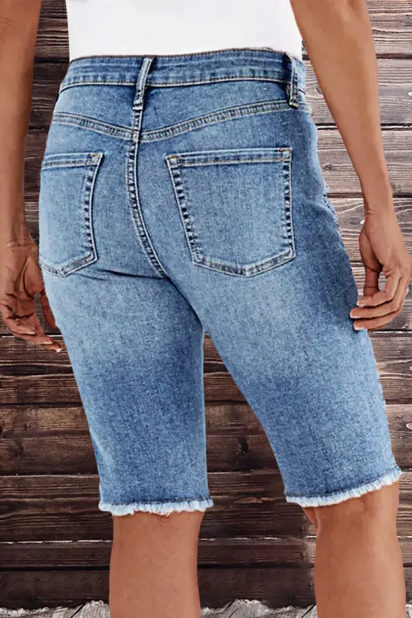 Floral Embroidery Raw Hem Mid Rise Denim Bermuda Shorts