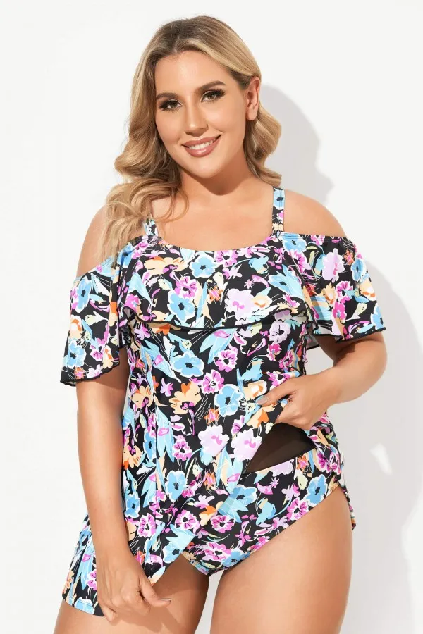 Solid Black Adjustable Straps Women Swimdress