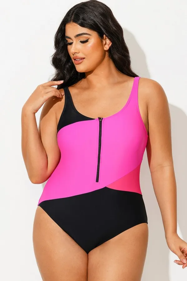 Black Pink Zip Front Colorblock One Piece Swimsuit