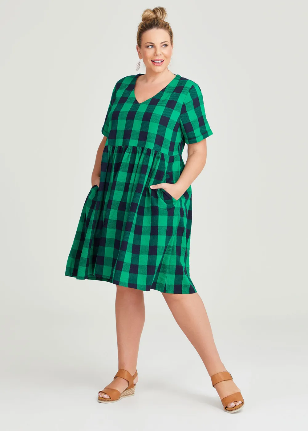 Cotton Check V-neck Dress