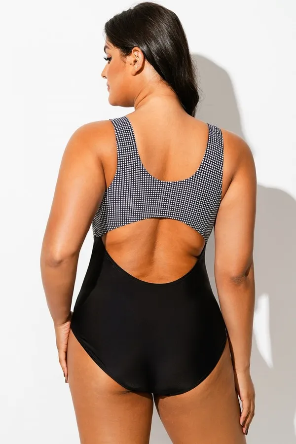 Black Checkers Front Knot One Piece Swimsuit
