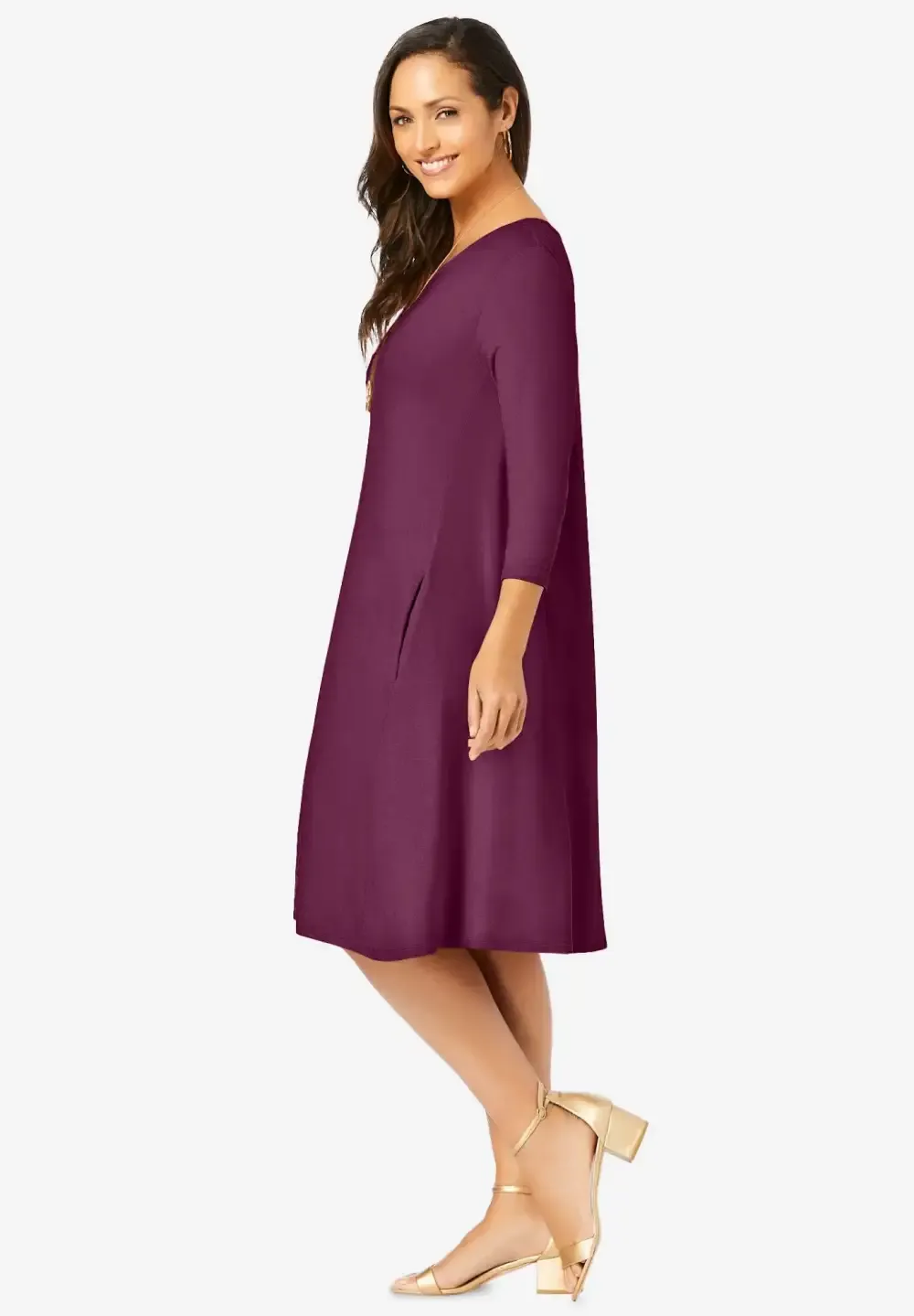 Stretch Knit Three-Quarter Sleeve T-shirt Dress