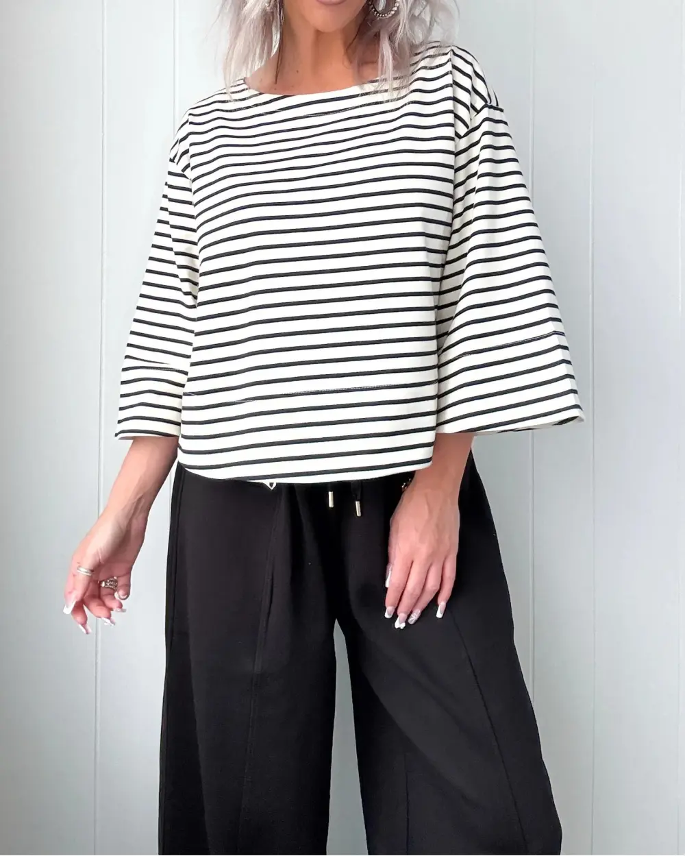 Crew Neck Striped Top - Black/Ivory